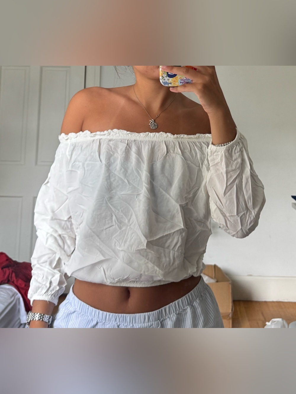 Brandy Melville White Off-Shoulder Crop Top